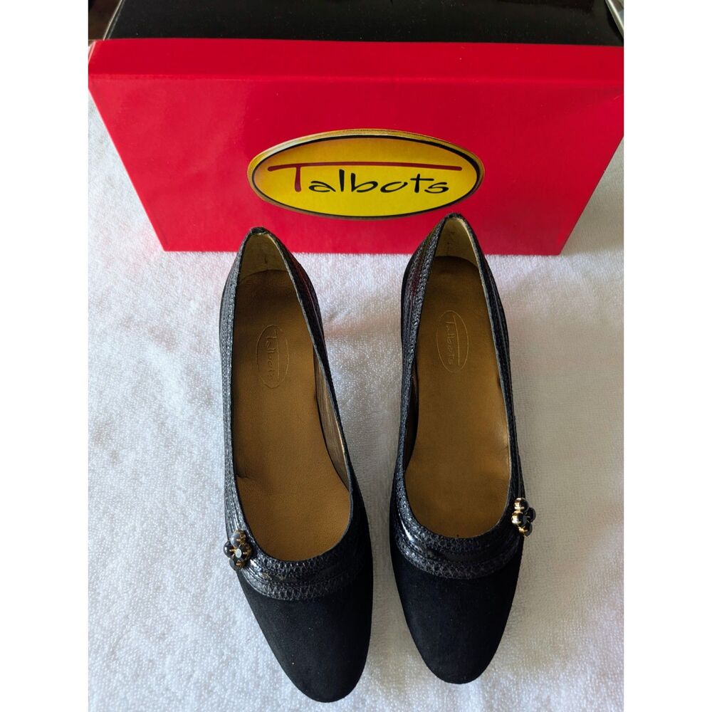 Talbots Reston6 Black Leather Jeweled Pumps Shoes 6M Low Heel Dress